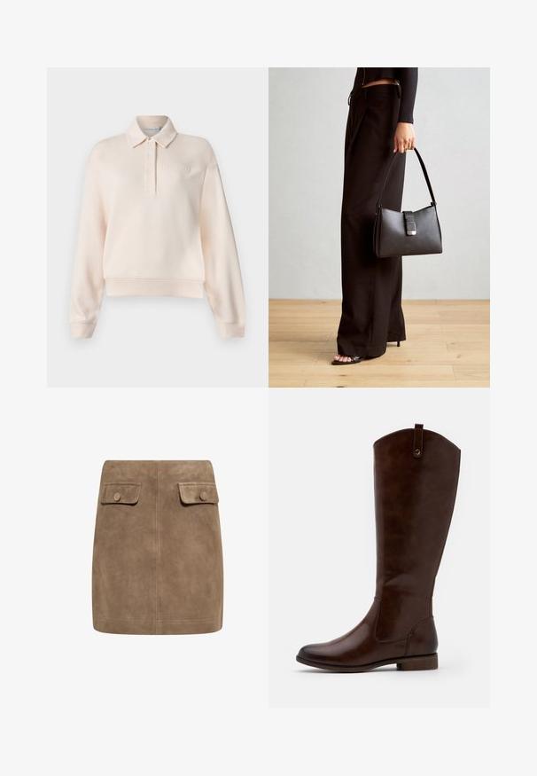 Világos rózsaszín polo pulóver, galléros nyakkal, három gombos záródással és a mellkason lévő dombornyomott márkalogóval. Puha anyag, laza szabás.; Barna szarvasbőr mini szoknya sima textúrával, két elülső hajtókával és gombos záródásokkal mindkét oldalon. Egyszerű, egyenes szabás.; Barna, térdig érő csizmák sima bőrből, lekerekített orral, alacsony, rakott sarokkal és diszkrét varrással az oldalán.; Fekete kézi táska strukturált formával, sima textúrával és fémből készült záródással. Széles fekete nadrággal és nyitott orrú szandállal párosítva, fából készült padlón.