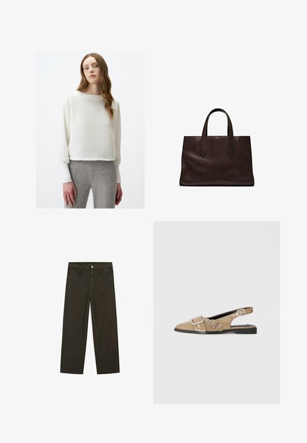 Jimmy Key ROUND NECK BATWING SLEEVE  - Strickpullover - ecru; Dunkelgrüne Jeans im weit geschnittenen Style, hergestellt aus einem Baumwollgemisch. Sie verfügen über einen Frontknopfverschluss, fünf Taschen und klassische Denim-Nähte.; Beige patentierte Slingback-Schuhe mit spitzem Zehenbereich, zwei verstellbaren Schnallen und einem niedrigen schwarzen Absatz. Glatte Textur mit glänzender Oberfläche.; Braune Ledertasche mit zwei langen Griffen, strukturierte rechteckige Form, glatte Textur und dezente Nähdetails.