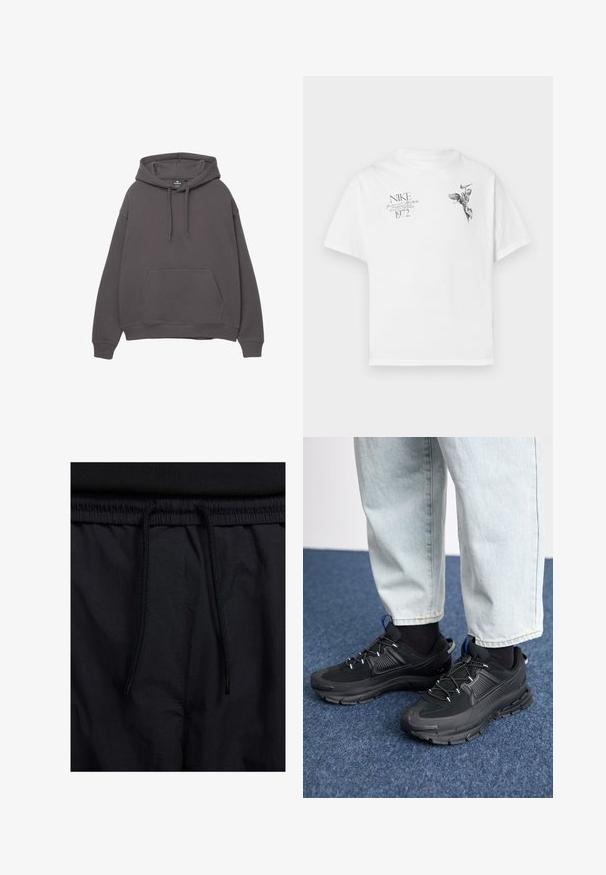 Szary bawełniany hoodie z przednią kieszenią, regulowanym kapturem ze sznurkiem, ściągaczami przy mankietach i u dołu. Prosty design, miękka faktura i luźny fason.; Biała koszulka z bawełny z czarnym graficznym nadrukiem skrzydlatej postaci oraz tekstem, z okrągłym dekoltem i krótkimi rękawami.; Czarne szorty z elastycznym paskiem na sznurku, lekkiego materiału o gładkiej fakturze oraz prostym wzornictwie bez widocznych logo czy wzorów.; Czarne buty sportowe z teksturowanej tkaniny i gumowymi podeszwami, z elastycznymi sznurówkami i niebieskim akcentem na pięcie. Noszone z jasnymi dżinsami.