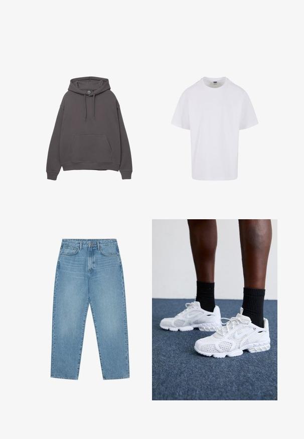 Felpa grigia in cotone con tasca frontale, cappuccio regolabile con lacci, polsi e orlo a costine. Design semplice, texture morbida e vestibilità rilassata.; T-shirt bianco in cotone con scollo rotondo, maniche corte e orlo diritto. Il tessuto sembra liscio con una vestibilità classica e rilassata.; Jeans a gamba larga in denim azzurro chiaro con vita alta, dotati di cinque tasche, passanti per cintura e una consistenza morbida e leggermente sbiadita.; Scarpe da ginnastica bianche con tomaia in rete, dettagli testurizzati e suola imbottita. Abbinato a calzini neri a coste sopra la caviglia su una superficie in moquette blu.
