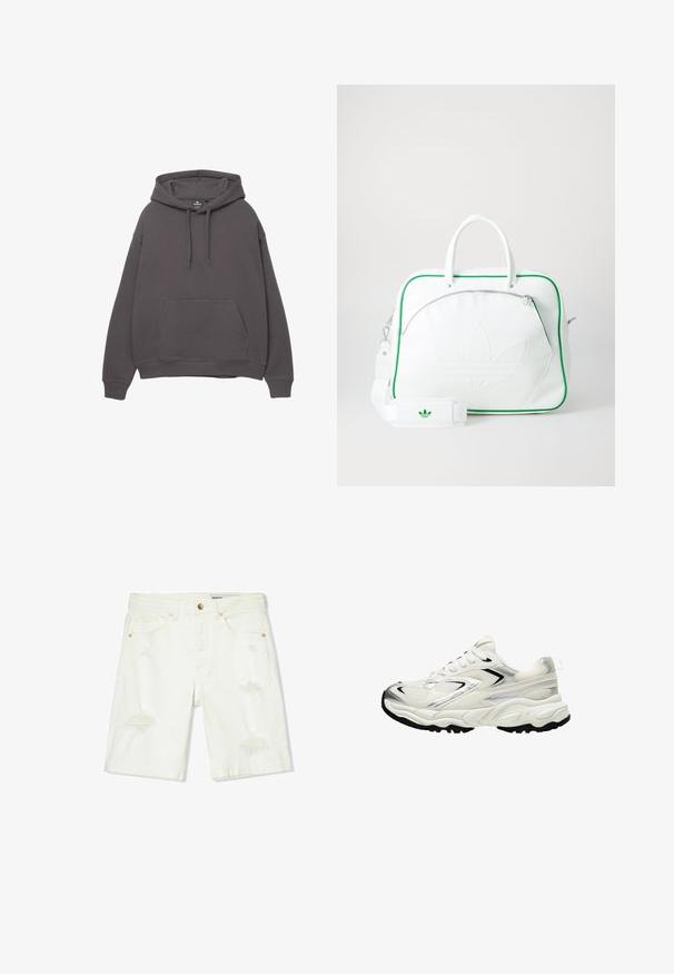 Grau Baumwollhoodie mit einer Fronttasche, verstellbarem Kordelzug, gerippten Bündchen und Saum. Einfaches Design, weicher Stoff und lockere Passform.; Weiße Denim-Shorts mit mittelhohem Bund, lässigen Details, fünf Taschen und kupferfarbenen Beschlägen. Glatte Textur mit einem lockeren Schnitt.; Weiße Sneaker mit einem Obermaterial aus Mesh, silbernen Akzenten, schwarzer Sohle und strukturierten Einsätzen. Verfügt über ein Schnürdesign und eine abgerundete Zehenform.; Weiße Lederhandtasche mit grünen Akzenten, ausgestattet mit einem auffälligen geprägten Logo, zwei Griffen, einem abnehmbaren Schulterriemen und einer Reißverschlusstasche auf der Vorderseite.