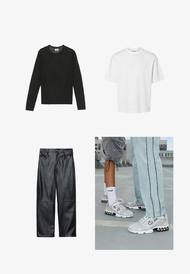 Črn pleten pulover z dolgimi rokavi, okroglo izrezano vrhnjo obleko in ohlapnim krojem. Teksturna tkanina z rahlimi razlikami v debelini.; Bela bombažna majica s kratkimi rokavi, okroglo izrezana in udobnega kroja. Gladka tekstura brez vidnih vzorcev ali dekoracij.; Črne široke hlače iz umetnega usnja s kroko teksturo, tradicionalnim pet-pocket dizajnom in detajli v srebrni barvi na gumbih ter zakovicah.; Nike športni copati iz srebrnega mrežnega materiala, ki imajo bele vezalke, črn Swoosh logotip ter črno-rdečo podplat z zračnim oblazinjenjem.