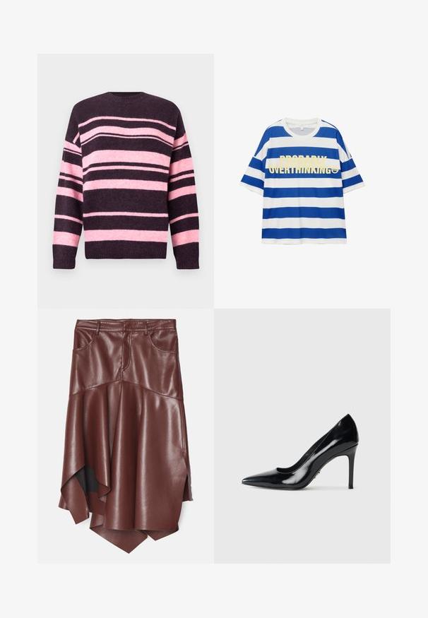 Pruhovaný svetr v tmavě fialové a jemně růžové barvě, s širokými vodorovnými pruhy, kulatým výstřihem a žebrovanými manžetami. Vyrobený z texturované pleteniny.; Bavlněné tričko s modro-bílými vodorovnými pruhy. Na přední straně je výrazný žlutý text „PROBABILNĚ PŘEMÝŠLÍM PŘÍLIŠ“ a grafika usměvavého obličeje. Krátké rukávy.; Hnědá sukně z umělé kůže s volánovým, asymetrickým lemem, která má dvě přední kapsy a hladký, lesklý povrch.; Černý lakovaný kožený lodičkový bot s špičatou špičkou a úzkým jehlovým podpatkem na jednoduchém bílém pozadí.