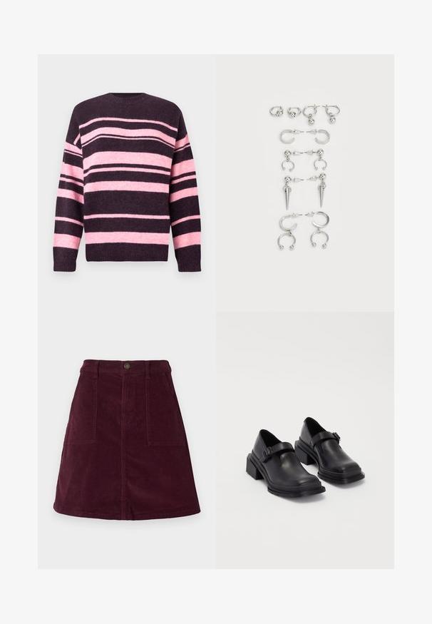 Maglione a righe in viola scuro e rosa tenue, con ampie strisce orizzontali, scollo rotondo e polsini a coste. Realizzato in materiale lavorato a maglia texturizzato.; Top nero a maniche corte con scollatura rotonda, dotato di un dettaglio con apertura e chiusura a cravatta sul davanti. Realizzato in tessuto morbido e leggero.; Gonna a ruota in velluto a coste color bordeaux con due tasche frontali, chiusura con bottone in vita e superficie strutturata.; Scarpe in pelle nera con punta arrotondata, suola piatta e una cintura con dettaglio fibbia. Tacco a blocco spesso per una maggiore stabilità.; Set di orecchini in argento con vari design: cerchi, perle e stili pendenti, con accenti a sfera e elementi appuntiti.