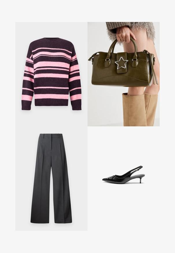 Črtast pulover v temno vijolični in mehki rožnati barvi, s širokimi vodoravnimi črtami, okroglim izrezom in rebrastimi robovi na rokavih. Izdelan iz teksturiranega pletenega materiala.; Široke hlače iz temno sive tkanine, z visokim pasom, enim pregibom ter gladko teksturo z čisto obrobo na robovih.; Črne usnjene slingback pete z izostrenim nosom, majhno mačje peto in okrasno vozličasto podrobnostjo na sprednjem delu. Gladka tekstura po celotni površini.; Olivnozeleno usnjeno ročno torbico z srebrno zvezdo, dvema ročajema in zadrgo. Teksturna površina in strukturirana oblika.