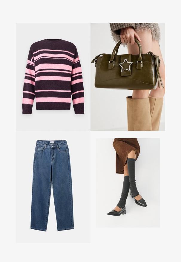 Pull rayé en violet foncé et rose doux, avec de larges rayures horizontales, encolure ronde et poignets côtelés. Confectionné en maille texturée.; Jean en denim bleu classique avec une coupe droite, cinq poches et une fermeture par bouton. Présente un lavage moyen et une texture robuste.; Chaussures à bout pointu en cuir verni noir avec un talon bloc et une bride à la cheville, accompagnées de jambières en maille grise et d'une jupe en daim marron.; Sac à main en simili cuir vert olive avec accent étoilé argenté, deux poignées et fermeture éclair. Surface texturée et forme structurée.