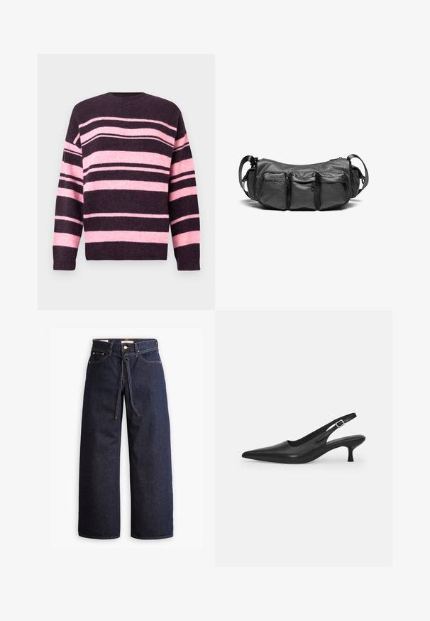 Striped sweater in dark purple and soft pink, featuring wide horizontal stripes, round neckline, and ribbed cuffs. Made of textured knit material.; Wide-leg dark blue denim jeans with a high waist, featuring a drawstring tie, five pockets, and contrasting stitching details.; Black leather slingback shoe with a pointed toe and a slim, curved heel. Features a discrete adjustable strap with a metal buckle.; Black leather crossbody bag with a textured finish. Features three exterior pockets and an adjustable strap. Compact, rounded shape.