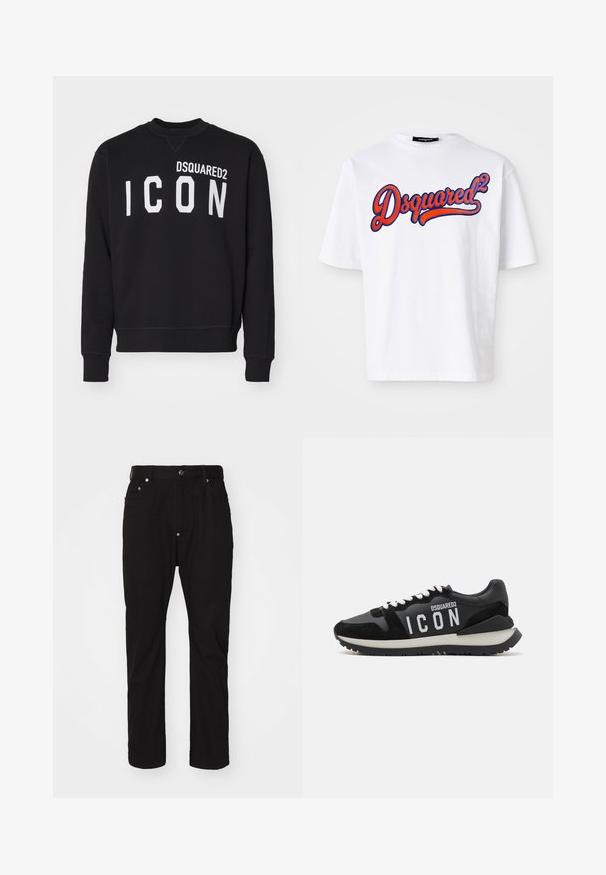 Černá mikina vyrobená z měkké tkaniny, s kulatým výstřihem a dlouhými rukávy. Nápisy "DSQUARED2" a "ICON" tištěné v tučných bílých písmenech.; Bílá bavlněná tričko s kulatým výstřihem, na přední straně s výrazným vyšívaným logem "Dsquared²" v modré a červené barvě. Krátké rukávy.; Černé bavlněné kalhoty s rovný fit, zapínání na knoflík, design se šesti kapsami a jemnou texturou. Žádné viditelné ozdoby nebo vzory.; Černé tenisky vyrobené z kůže a semiše, s bílým logem "ICON" a kontrastní černou podrážkou. Šňůrky jsou bílé; design je sportovní.