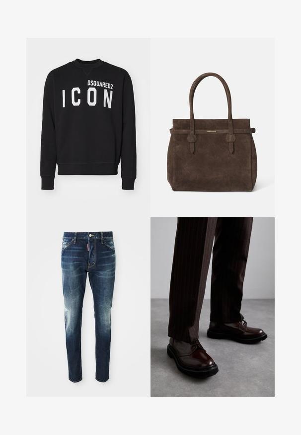 Čierna mikina vyrobená z mäkkej tkaniny s kruhovým výstrihom a dlhými rukávmi. „DSQUARED2“ a „ICON“ vytlačené tučnými bielymi písmenami.; Tmavomodré džínsy so slim fit strihom, s bledšími miestami na stehnách a kolenách, piatimi vreckami a kovovým zapínaním.; Hnedé kožené šnurovacie topánky s lesklým povrchom, čierna gumová podrážka a jemné švy. Nosené s hnedými prúžkovanými nohavicami.; Tmavohnedá semišová taška s dvoma uchami a horizontálnym popruhom, ktorý obsahuje malú zlatú nášivku s logom DSQUARED2.