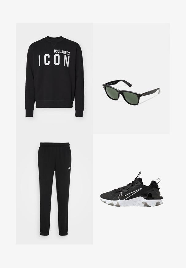 Schwarzer Pulli aus weichem Stoff mit Rundhalsausschnitt und langen Ärmeln. "DSQUARED2" und "ICON" in fetten weißen Buchstaben aufgedruckt.; Schwarze Jogginghose mit elastischem Bund, gerippten Knöcheln und einem kleinen weißen Nike-Logo auf der linken Seite. Hergestellt aus weichem Textilgewebe.; Schwarzer Sportschuh mit einem strukturierten Obermaterial aus Stoff, weißem Nike-Swoosh und dicker weißer Sohle. Verfügt über eine Zuglasche an der Ferse für einfaches An- und Ausziehen.; Schwarze Plastiksonnenbrille mit grünen Gläsern, quadratischen Rahmen, silbernem Akzent auf der Augenbraue und strukturierten Bügeln. Angegebene Marke auf dem inneren Bügel.