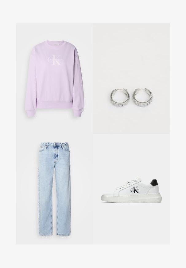 Hanorac lila dintr-un material moale. Prezintă guler rotund, mâneci lungi, manșete rahetate și un logo alb Calvin Klein pe față.; Jeans lejere de culoare albastru deschis, realizate din denim, având talie înaltă, spălare ușoară și un model subtil de tie-dye pe partea din față.; Adidași albi cu glezna joasă, cu tab-ul de călcâi negru, talpă platformă, șireturi și logo-ul "CK" de la Calvin Klein pe lateral.; Cercei din argint în formă de cerc cu un design texturat, ce prezintă striții verticale. Formă circulară cu un sistem de închidere sigur. Finisaj neted.