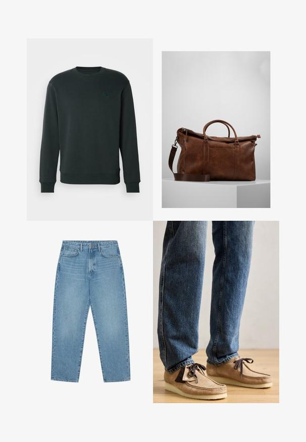 Scotch & Soda SEASONAL CORE BADGE LOGO CREW - Mikina - dark green; Světle modré džíny s širokými nohavicemi a vysokým pasem, které mají pět kapes, poutka na opasek a měkkou, mírně vybledlou strukturu.; Semišové mokasíny v barvě tan s tmavě hnědými akcenty, kulatá špička a měkká bílá podrážka. Obsahují šněrovací design a prošívané detaily.; Hnědá kožená cestovní taška s uzávěrem na zip, dvojitými uchy, nastavitelným ramenním popruhem a viditelnými textura vzory na povrchu.