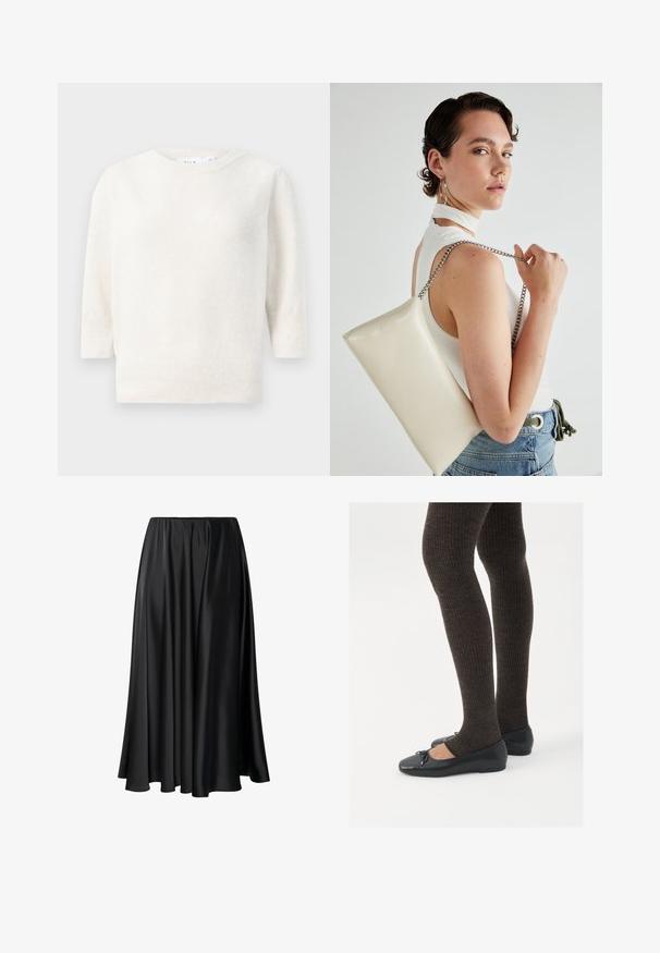 Pulover alb tricotat cu guler rotund, mâneci de lungime medie și tiv cu nervuri. Textură moale, material ușor și fără modele vizibile.; Fustă maxi neagră dintr-un material neted, cu un brau elastic, siluetă amplă și tiv fluid, fără modele sau detalii vizibile.; Pantofi negri cu un detaliu mic de fundiță la vârf, asortați cu colanți maro închis, cu textură ondulată. Pantofii au o textură netedă și un profil joase.; Geantă de clutch rectangulară albă, realizată dintr-un material lucios, având o curea de lanț argintie. Modelul pozează, evidențiind geanta pe un fundal simplu.