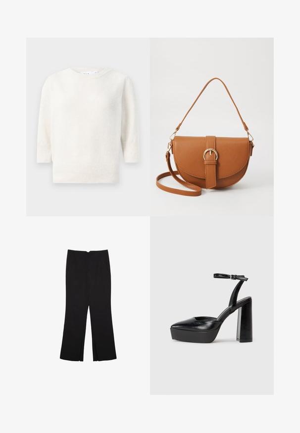 Weißer gestrickter Pullover mit Rundhalsausschnitt, halblangen Ärmeln und geripptem Saum. Weicher Stoff, leichtes Material und keine sichtbaren Muster.; Schwarze Hose mit geradem Schnitt, ausgestattet mit Fronttaschen und Seitenschlitzen am Saum. Hergestellt aus weichem, glattem Stoff. Geeignet für verschiedene Anlässe.; Schwarze Plateau-High Heels mit spitzem Zeh und verstellbarem Knöchelriemen. Gefertigt aus glattem Leder und mit einem klobigen Blockabsatz.; Braune Leder-Crossbody-Tasche mit geschwungener Form, goldfarbenen Beschlägen und einer Schnallenakzentuierung. Verfügt über einen abnehmbaren Schultergurt.