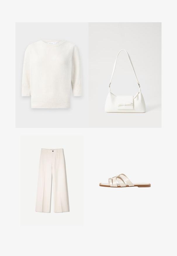 Biely pletený sveter s okrúhlym výstrihom, stredne dlhými rukávmi a rebrovaným lemom. Mäkkučká textúra, ľahký materiál a žiadne viditeľné vzory.; Krémové široké nohavice s nohavicami na mieru, s dvoma prednými vreckami a jedným predným zapínaním na gombík, vyrobené z hladkej tkaniny.; Ploché sandále s hnedou gumovou podrážkou, navrhnuté s tromi prekrývajúcimi sa bielymi koženými popruhmi a malou mašličkou uprostred.; Biela syntetická kabelka s trojuholníkovým tvarom, plochým predným klapkou a detailom mašle, nastaviteľným popruhom, hladkou textúrou a minimalistickým dizajnom.