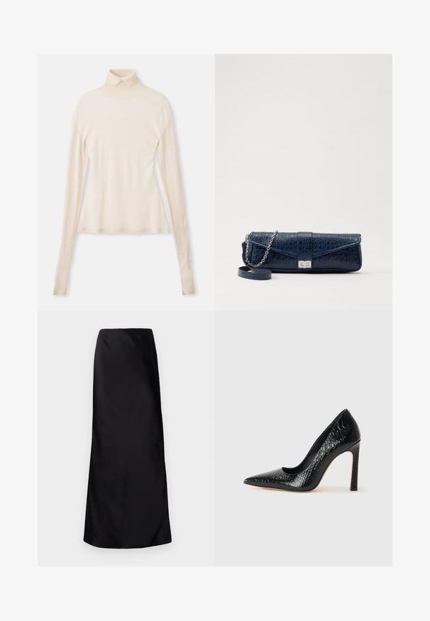 Romantisch crème coltrui gemaakt van zachte, gladde stof, met lange mouwen, een getailleerde pasvorm en een lichte rek voor comfort.; Norma Kamali BIAS OBIE SKIRT - Maxirok - black; Zwarte puntige hoge hak schoen met een krokodillenleren textuur, met een slank ontwerp, hoge stiletto-hak, en een gladde zwarte binnenkant.; Marineblauwe leren clutch met een krokodillenstructuur, zilveren kettingriem en metalen sluiting. Rectangulaire vorm met een omgevouwen ontwerp.