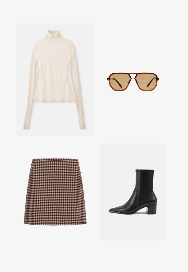 Krémový rolák z mäkkého a hladkého materiálu, s dlhými rukávmi, priliehavým strihom a malou elasticitou pre pohodlie.; Mini sukňa v červenej a krémovej kárované vzore s rovnou siluetou a textúrovanou tkaninou. Bez viditeľného zapínania alebo dekorácií.; Čierne členkové topánky vyrobené z hladkej kože, s špicatou špičkou, blokovým podpätkom a výrazným zvýšeným švom na hornom okraji.; Hnedé osemuholníkové slnečné okuliare s priehľadným jantárovým rámom a hnedými tónovanými sklami. Obsahujú kovový akcent na mostíku a štíhle nožičky.; Hnedá semišová taška cez rameno s dvoma ramennými popruhmi, priestranný obdĺžnikový tvar a minimalistický dizajn. Mäkka textúra s hladkým povrchom.