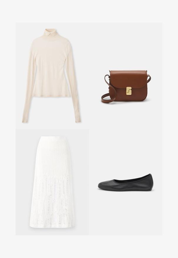 Cream turtleneck sweater made of soft, smooth fabric, featuring long sleeves, a fitted silhouette, and a slight stretch for comfort.; Knit white midi skirt featuring a textured pattern with vertical lines and cut-out details near the hem. Elastic waistband. Soft material.; Black leather ballet flat with a rounded toe, smooth texture, minimal stitching detail, and a flexible sole design.; Brown leather handbag with a flap closure, gold-tone hardware, a shoulder strap, and a smooth texture. Compact rectangular shape.