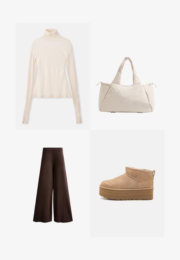 Kremasti pulover s visokim ovratnikom, izdelan iz mehkega, gladkega blaga, z dolgimi rokavi, prilegajočim krojem in rahlo raztegljivostjo za udobje.; Svetlo rjavi široki hlače iz mehke tkanine, s visokim pasom, subtilno teksturo in tekočo silhueto brez vidnih zapiral ali okrasnih elementov.; Bež zamatne gležnjarje s puhastim notranjim delom, ki imajo platformo in zanka na hrbtni strani za enostavno obuvanje. Teksturiran gumen podplat.; Bežna kvačena torba s dvema ročajema, zaobljena oblika, teksturirana tkanina in žep na vrvico na strani. Gladka površina, minimalisticni dizajn.