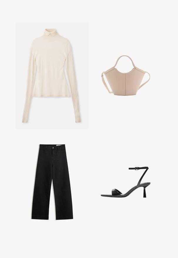 Pulover crem cu guler înalt, realizat dintr-un material moale și neted, având mâneci lungi, o siluetă ajustată și o ușoară elasticitate pentru confort.; Pantaloni din denim negri cu picioare largi, cu talie înaltă, având buzunare frontale și posterioare, cusături dublate și închidere cu nasture. Textură netedă.; Bershka Sandale cu toc - black; Geantă de mână bej din piele cu o formă unică, dotată cu două mânere scurte și o curea lungă ajustabilă. Textură netedă, cu hardware minim.