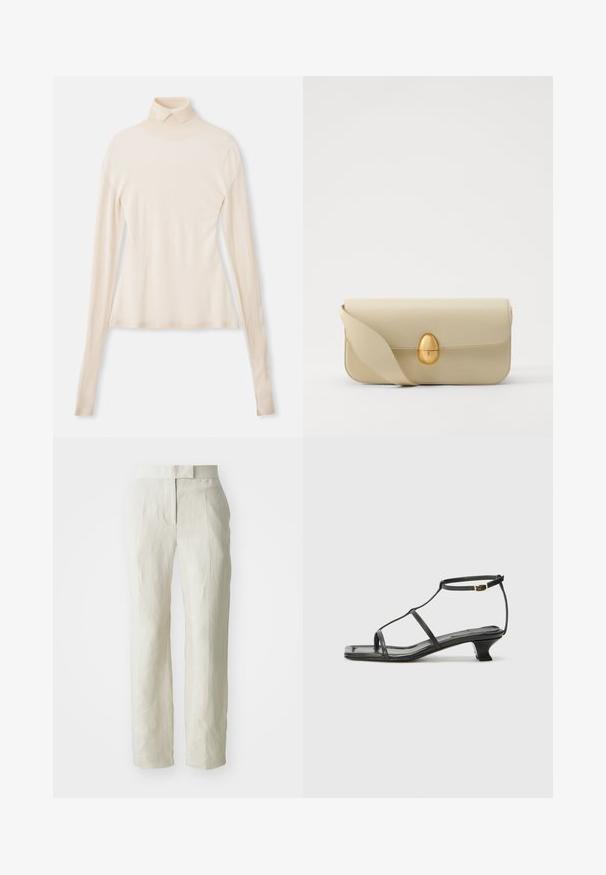 Pull encolure montant crème en tissu doux et lisse, doté de manches longues, d'une silhouette ajustée et d'un léger stretch pour le confort.; Pantalons en lin blancs avec une coupe ajustée, présentant un devant plat et des jambes droites. Texture lisse avec un léger détail de plis.; Sandale en cuir noir avec un bout carré, des fines lanières, une bride de cheville ajustable et un petit talon. Présente un petit accent doré sur la lanière.; Sac à main en cuir beige avec une texture lisse, de forme rectangulaire et un fermoir ovale doré. Il dispose d'une longue bandoulière réglable.
