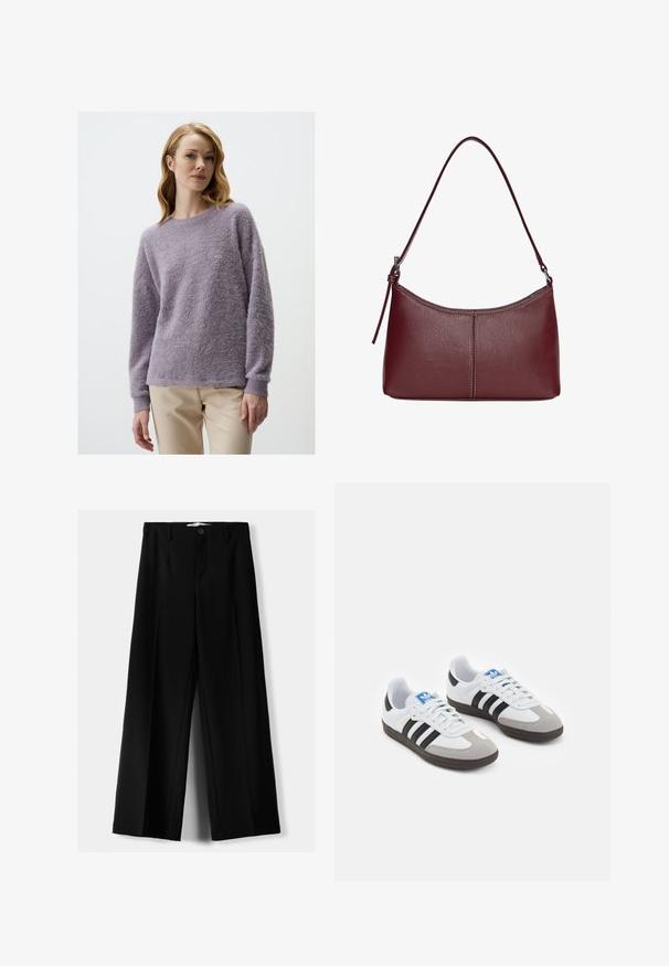 Lila, locker sitzender Pulli aus flauschigem Strickmaterial. Ausgestattet mit einem runden Ausschnitt und langen Ärmeln, kombiniert mit hellbeigen Hosen.; Schwarze weite Hosen aus leichtem Stoff, mit einem Knopfverschluss vorne und flachem Bund, mit sorgfältig genähten Säumen.; Sportschuhe mit einem Obermaterial aus weißem Leder, grauer Wildleder-Zehenkappe und drei schwarzen Streifen. Sie verfügen über ein blaues Logo auf der Zunge und eine strukturierte Gummisohle.; Bordeauxfarbene Ledertasche mit geschwungener Form, einem einzigen Schulterriemen und gesteppten Details in der Mitte. Glatte Textur, minimales Zubehör.