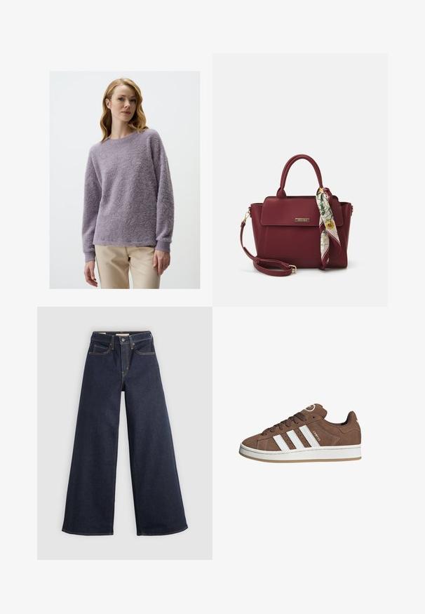 Lila, locker sitzender Pulli aus flauschigem Strickmaterial. Ausgestattet mit einem runden Ausschnitt und langen Ärmeln, kombiniert mit hellbeigen Hosen.; Helle-bein Jeans aus Denim in Dunkelblau mit Kontrastnähten. Mit traditionellem Fünf-Taschen-Design und einem Knopfverschluss an der Taille.; Braune Wildledersneaker mit weißen Lederstreifen, Gummisohle, gerundetem Zehenbereich und Schnürung. Mit einem Logo auf der Zunge und perforierten Akzenten.; Burgunderfarbene Handtasche aus synthetischem Material mit strukturiertem Design, ausgestattet mit einem abnehmbaren Trageriemen und einem blumenmusternden Schal, der am Griff gebunden ist.