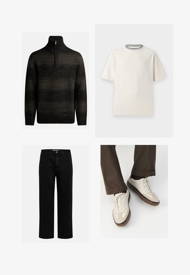 Tumšs adīts džemperis ar augstu apkakli un ceturtdaļas rāvējslēdzēju. Tam ir teksturēts raksts ar dažādām melnām un pelēkām nokrāsām.; Krēmlādas kokvilnas T-krekls ar īsām piedurknēm, ar kārtīgu apkakli, ko akcentē tumši zila un balta svītra. Gluda tekstūra, brīva piegriezuma.; Melni denim šorti ar taisnu kāju griezumu, klasiska piecu kabatu dizaina un pogas aizdari viduklī. Gluda tekstūra un izturīgs audums.; Beidzī lasi ar strukturētu zamšādu priekšpusi, gludiem ādas sāniem un brūnu gumijas zoli. Iekļauti auklas un viegla šuvuma detaļas.