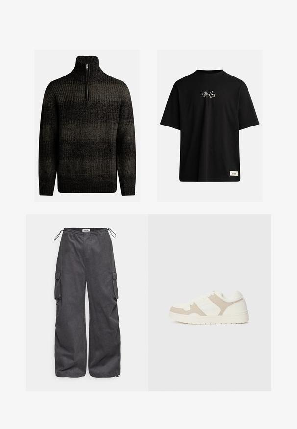 Sötét, kötött pulóver magas gallérral és negyed cipzárral. Texturált mintázattal rendelkezik, változó fekete és szürke árnyalatokkal.; Fekete, rövid ujjú póló, amely 100% pamutból készült. A mellkason egy kis fehér logó található, és a jobb alsó részen egy téglalap alakú címke van.; Szürke cargo nadrág, texturált anyagból készült, rugalmas derékrésszel, zsinórral és oldalsó zsebekkel. Laza szabású, széles lábakkal.; Fehér és bézs sportcipő, sima és velúr textúrák kombinációjával, kerek orral, fűzős záródással és lapos gumitalppal.