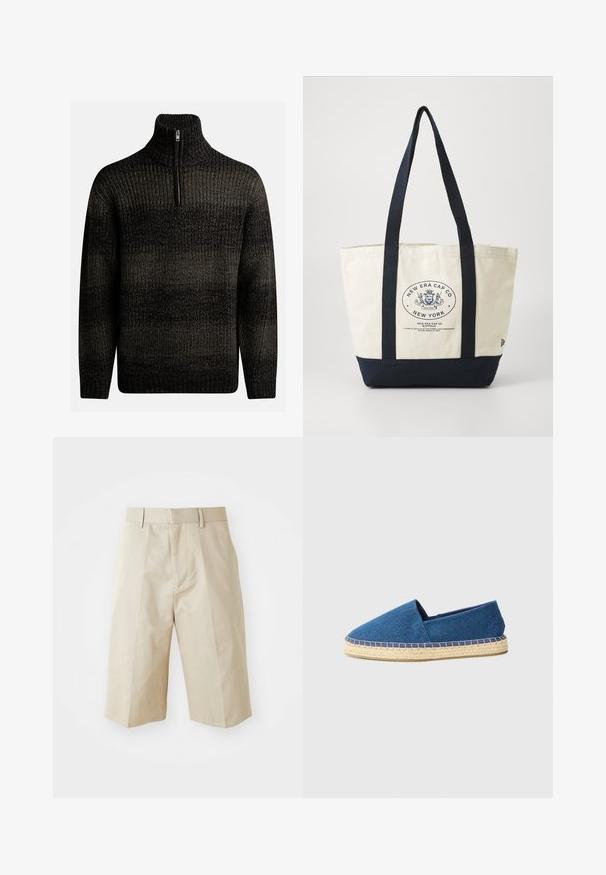 Tumma neulepaita, jossa on korkea kaulus ja neljännesvetoketju. Sisältää tekstuuripinnan, jossa on eri sävyjä mustaa ja harmaata.; Beige-harmoni purje shortsit, joissa on suora leikkaus, vyölenkit, laskostettu etuosa ja sileä puuvillakangas. Ei taskuja tai muita yksityiskohtia.; Sininen kangaspohjallinen espadrilles suljetulla varpaalla, juuttipohjalla ja ommellulla reunalla. Sileä kangasmateriaali ja matala muotoilu.; Kangasolkipussi, jossa on laivastonsiniset kahvat ja pohja. Ominaisuutena pyöreä logo, jossa lukee "New Era Cap Co" ja teksti. Vaaleanruskea runko, kestävä muotoilu.