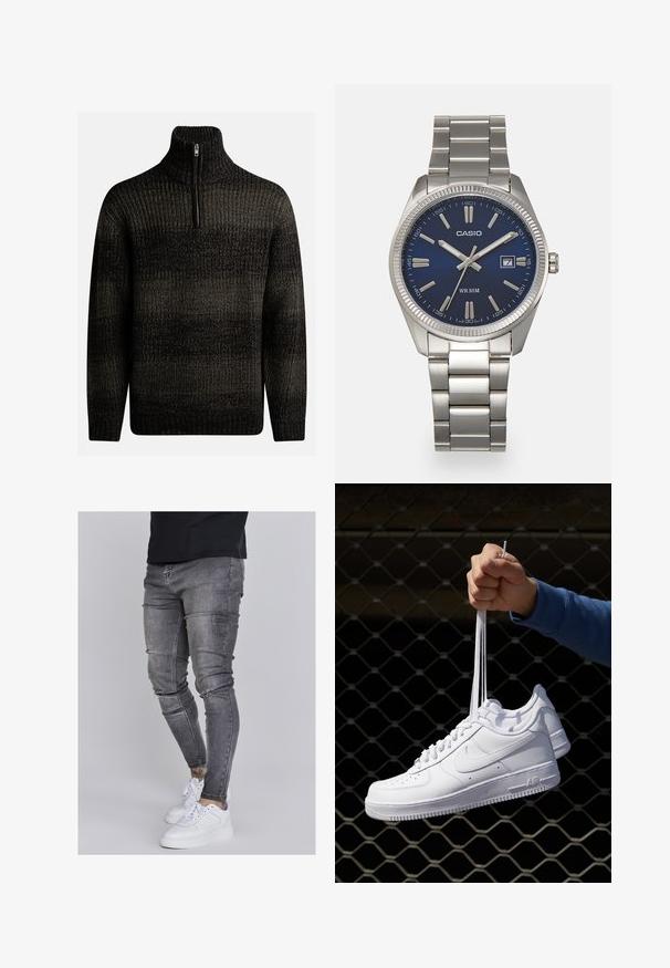 Dunkel gestrickter Pullover mit hohem Kragen und einem viertel Reißverschluss. Besitzt ein strukturiertes Muster mit verschiedenen Schwarz- und Grautönen.; Schlanke Jeans aus ausgebleichtem grauem Denim, mit abgenutzten Details an den Knien, kombiniert mit weißen Sneakers. Glatte Textur, schlanker Schnitt.; Weiße Leder-Sneaker mit Perforationen, runder Zehenpartie, flacher Sohle und dicken Schnürsenkeln, mit sichtbar eingesticktem Swoosh-Logo und "AIR" an der Ferse.; Silberner Armbanduhr aus Edelstahl mit einem dunkelblauen Zifferblatt, metallischen Stundenmarkierungen und einem Datumsfenster bei 3 Uhr. Wasserdicht bis 50 Meter.