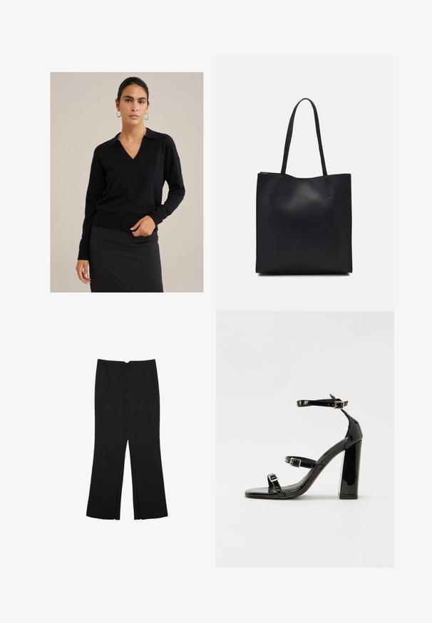Svart ullblandad tröja med V-ringning och krage. Har långa ärmar, ribbade muddarna och en ribbad nederkant. Slät textur.; Svarta byxor med rak passform, utrustade med framfickor och sidoklyvningar vid fållen. Tillverkade av mjukt, slätt tyg. Lämpliga för olika tillfällen.; Svarta lackerade klacksandaler med fyrkantig tå, ankelremmar och silverfärgade spännen. Har en kraftig blockklack för stabilitet.; Svart lädertoffelväska med slät textur, rektangulär form och två långa handtag. Ingen synlig hårdvara eller dekorationer.