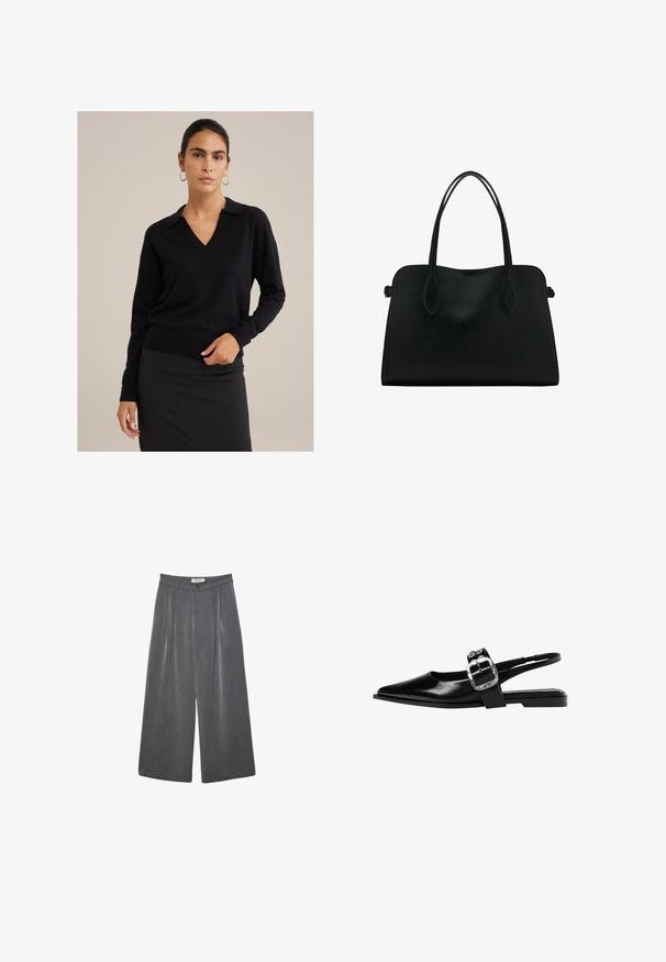 Černý svetr z vlněné směsi s výstřihem do V a límcem. Má dlouhé rukávy, žebrované manžety a žebrovaný lem. Hladká textura.; Přehnuté kalhoty s širokými nohavicemi v tmavě šedé tkanině s jemnou texturou. Obsahují zapínání na knoflík a klasický design pasu.; Černá kožená slingback obuv s špičatou špičkou, širokým páskem se stříbrnou sponou a nízkým čtvercovým podpatkem. Hladká textura, minimalistický design.; Černá kožená kabelka s dvojitými ramenními popruhy, obdélníkový tvar a minimalistický design na bílém pozadí.