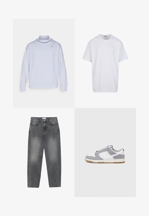 Light blue, long-sleeve sweatshirt with a high neck and ribbed cuffs. Simple design featuring a small logo on the chest. Soft texture.; White cotton t-shirt with short sleeves, rounded neckline, relaxed fit, and no visible logos or patterns. Smooth texture and minimal design.; High-waisted, loose-fitting jeans in faded black denim. Features five pockets, belt loops, and a clean, straight leg design.; Gray and white sneaker with a suede and leather upper, rounded toe, flat laces, and a rubber sole featuring a gum accent.