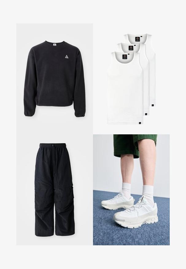 Černá mikina s dlouhými rukávy, kulatým výstřihem a elastickými manžetami. Na levé straně hrudi se nachází malá bílá trojúhelníková logo. Měkká textura.; Tři bílé žebrované tílka vyrobené z bavlny. Mají kulatý výstřih a malé černé štítky poblíž lemu. Dostupné v několika velikostech.; Černé lehké nylonové cargo kalhoty s elastickým pasem, nastavitelnou šňůrkou a několika vrstvenými kapsami na nohách.; Bílé sportovní boty s texturovanými překryvy, masivní podrážkou a šedými akcenty. Na nohou mají bílé ponožky a zelené šortky na modrém povrchu.