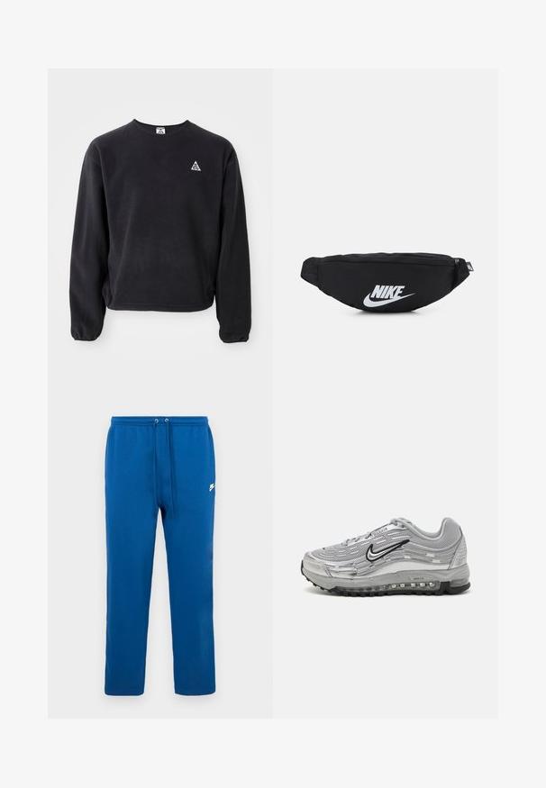 Fekete pulóver hosszú ujjakkal, kerek nyakkivágással és rugalmas mandzsettákkal. Bal mellen egy kis fehér háromszög logó található. Puha tapintású.; Kék pamut szabadidőnadrág rugalmas derékrésszel és húzózsinórral, oldalán fehér márkajelzés. Egyenes szárú kialakítás, minták nélkül.; Szürke Nike Air Max sportcipők, hálós és szintetikus felsőrész, hullám alakú dizájn, fekete kiegészítők és látható légpárnás talp.; Fekete nylon övtáska cipzáras záródással, nagy fehér Nike logóval. Simma textúra és ergonómikus kialakítás a kényelmes viselet érdekében.