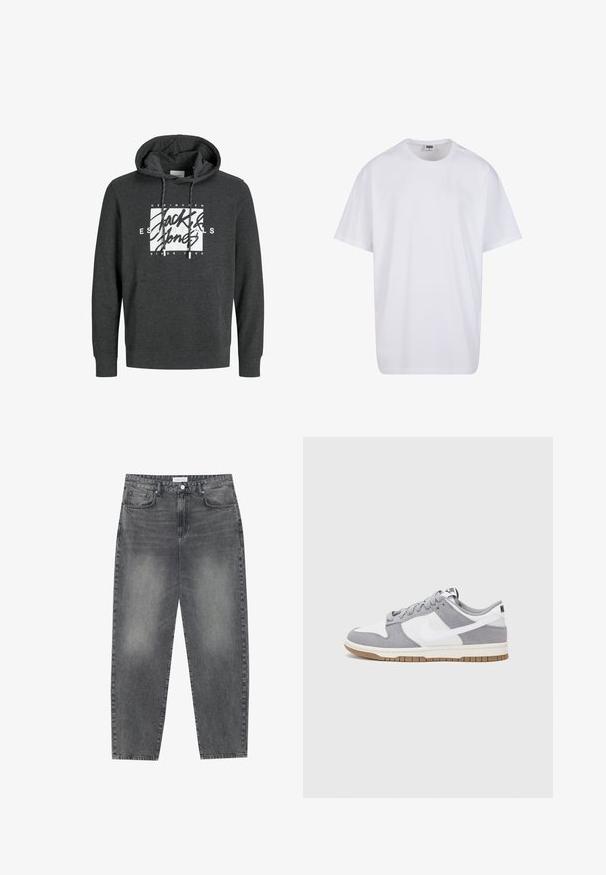 Felpa con cappuccio grigio scuro realizzata in materiale morbido, dotata di tasca frontale, cappuccio regolabile con cordoncino e un grande logo grafico bianco sul petto.; Maglietta bianca in cotone con maniche corte, scollatura rotonda, vestibilità comoda e senza loghi o motivi visibili. Texture liscia e design minimale.; Jeans a vita alta, dal taglio ampio in denim nero sbiadito. Presentano cinque tasche, passanti per cintura e un design dritto e pulito.; Sneaker grigia e bianca con tomaia in suede e pelle, punta arrotondata, lacci piatti e soletta in gomma con un accento color caramello.