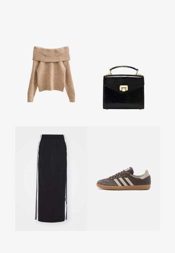 Maglione beige off-the-shoulder, texture in maglia, colletto e polsini a costine, maniche lunghe, vestibilità comoda, materiale morbido.; Gonna sportiva nera con strisce bianche sui lati, cintura elastica e dettaglio del logo. Realizzata in tessuto traspirante, design fino al ginocchio.; Sneaker in pelle marrone con tre strisce chiare, suola in gomma, punta arrotondata e dettagli in suede texture sul tallone e sulla punta.; Borsa nera in pelle faux-coccodrillo con design strutturato, hardware dorato, manico superiore e chiusura a patta magnetica.