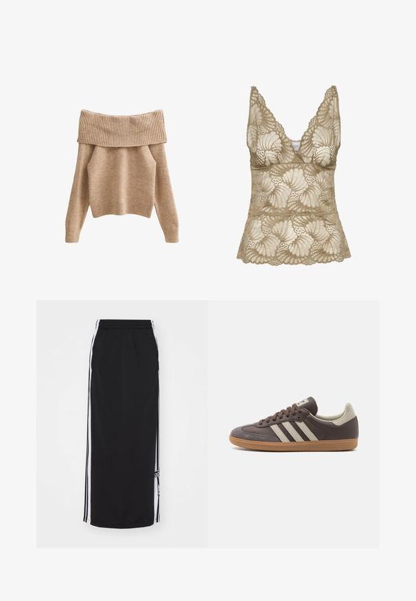 Suéter beige sin mangas, textura de punto, cuello y puños acanalados, mangas largas, corte holgado, material suave.; Top de camiseta de encaje en beige con escote en V, con bordes ondulados y un patrón floral. Textura suave con detallado intrincado.; Falda deportiva negra con rayas laterales blancas, cinturilla elástica y detalle de logo. Fabricada con tejido transpirable, diseño hasta la rodilla.; Zapatilla de cuero marrón con tres rayas de color claro, suela de goma, puntera redondeada y acentos de ante texturizados en el talón y la punta.