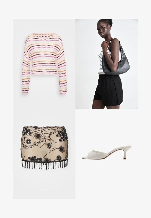 Kudottu lyhyt villapaita, jossa on vaakasuoria raitoja vaaleanpunaisessa, oranssissa ja ruskeassa valkoisella taustalla. Laivakaula-aukko ja pitkät hihat.; Musta, koristeellinen mini-hame, jossa on kukka-appliquéja, paljetteja ja helmi-fringekuvio. Valmistettu läpikuultavasta materiaalista, jossa on monimutkaisia yksityiskohtia.; Valkoiset avonaiset korkeakorkoiset mulesit, joissa on sileä pinta, minimalistinen muotoilu ja hoikka korko, ja joissa on hienovarainen ruskea korostus pohjassa.; Musta nahkalaukku, jossa on kaareva muoto, ja jota koristavat hopeiset niitit sauman varrella. Mallilla on päällään raidallinen hihaton paita ja mustat shortsit.