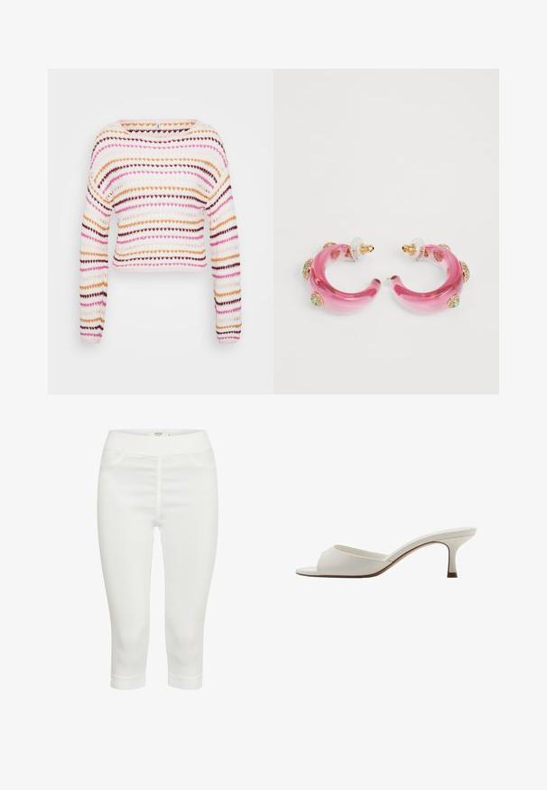 Kudottu lyhyt villapaita, jossa on vaakasuoria raitoja vaaleanpunaisessa, oranssissa ja ruskeassa valkoisella taustalla. Laivakaula-aukko ja pitkät hihat.; Valkoiset capri-housut, jotka on valmistettu joustavasta kankaasta. Housuissa on sileä pinta, kaksi etutaskua ja mukava joustava vyötärö.; Valkoiset avonaiset korkeakorkoiset mulesit, joissa on sileä pinta, minimalistinen muotoilu ja hoikka korko, ja joissa on hienovarainen ruskea korostus pohjassa.; Vaaleanpunaiset epoksirenkaat, joissa on kultasävyisiä yksityiskohtia ja värikkäitä jalokiviä upotettuna reunoille. Läpinäkyvät taustat turvalliseen käyttöön.