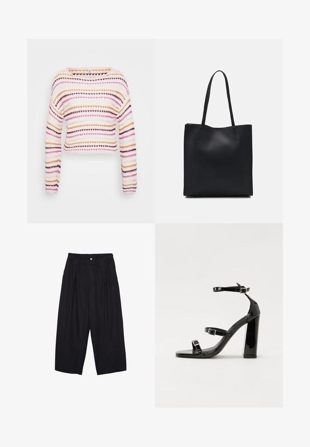 Gestrickter, verkürzter Pullover mit horizontalen Streifen in Pink, Orange und Braun auf weißem Hintergrund. Bootsausschnitt und lange Ärmel.; Schwarze Polyester-Culotte mit einem elastischen Bund, zwei vorderen Falten und einer lockeren Silhouette. Keine sichtbaren Muster oder Hardware-Details.; Schwarze patentierte Sandalen mit Absatz, quadratischer Spitze, Knöchelriemen und silbernen Schnallen. Mit einem stabilen Blockabsatz für mehr Stabilität.; Schwarze Laptoptasche aus Leder mit glatter Textur, rechteckiger Form und zwei langen Griffen. Keine sichtbaren Beschläge oder Verzierungen.