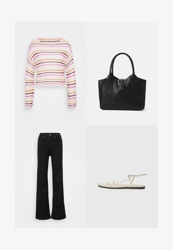 Knit cropped sweater featuring horizontal stripes in pink, orange, and brown on a white background. Boat neckline and long sleeves.; Black flared jeans made from denim, featuring a high waist, five pockets, and metal button closure. Smooth texture with minimal detailing.; Beige flat sandal with multiple slender straps and an adjustable buckle. The sole is flat with a slight dark contrast at the edge.; Black leather tote bag with smooth texture, structured shape, two handles, and a prominent silver buckle detail on the front.