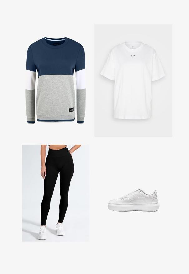 Oxmo OXOMAYA - Sudadera - insignia blue; Camiseta blanca de algodón con cuello redondo, mangas cortas y un logotipo de Nike en negro impreso en el centro del pecho. Diseño simple y clásico.; Leggings negros con una cintura alta, elaborados con una tela suave y elástica. El diseño presenta una silueta ajustada sin patrones ni acentos visibles.; Zapatillas blancas con parte superior de cuero liso, puntera redonda, detalles perforados y suela de goma blanca gruesa. Presenta el logotipo en el lateral y cordones planos.