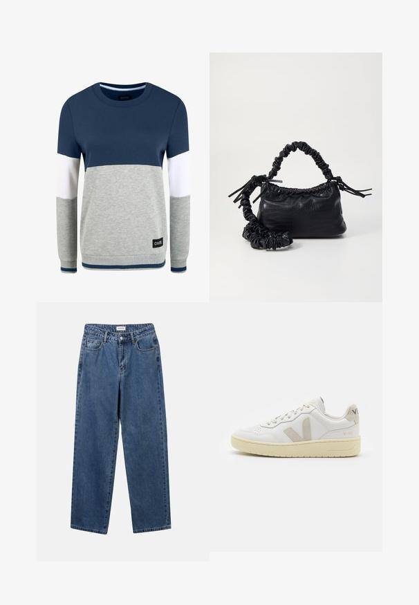 Oxmo OXOMAYA - Mikina - insignia blue; Klasické modré džíny z denimu se střihy rovné nohy, pěti kapsami a zapínáním na knoflík. Mají střední odstín a odolnou texturu.; Bílé kožené tenisky s béžovými semišovými akcenty, perforovanou špičkou, plochými tkaničkami a strukturovanou krémovou podešví. Obsahují jemné logo na patě.; Černá kabelka z umělé kůže s krokodýlím vzorem, staženým vrškem a zmačkaným popruhem. Zdá se, že má měkký a kompaktní design.
