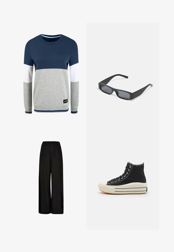 Oxmo OXOMAYA - Bluză de molton - insignia blue; Pantaloni negri largi, confecționați dintr-un material moale, cu un elastic la brâu și o textură netedă. Fără modele sau accente vizibile.; Tenisi înalți, din pânză neagră, cu cusături albe, vârf din cauciuc și o talpă texturată cu dungi negre pe mijloc.; Ochelari de soare negri, cu lentile întunecate și rame groase mate. Brațele sunt ușor conice, cu o textură netedă.