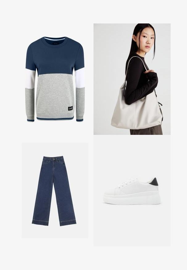 Oxmo OXOMAYA - Ikdienas džemperis - insignia blue; Platās kājas džinsi tumši zilā denima krāsā. Iespējas: piecas kabatas, siksnu cilpas un neapstrādāta apakša ar redzamām šuvju detaļām.; Baltas platforma kedas, izgatavotas no gludas sintētiskas vielas, ar noapaļotu purngalu, saites dizainu un teksturētu gumijas zoli. Melna papēža akcenta detaļa.; Bežs rokassoma, izgatavota no mīksta materiāla, ar brīvu dizainu, izšūtu apdari un divām plecu siksnām. Piemērota ikdienas lietošanai.