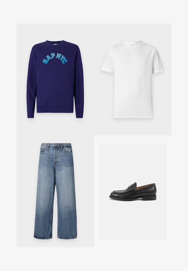 Námornícky sveter vyrobený z bavlny, s nápisom "GAP NYC" v svetlomodrom vyšívanom oblúkovom štýle na prednej strane. Klasický oválny výstrih.; Biela tričko s krátkym rukávom vyrobené z jemnej bavlny. Obsahuje okrúhly výstrih a rovný lem s minimálnymi detailmi.; Široké modré džínsy s vyblednutým umývaním, dizajnom s piatimi vreckami a zapínaním na gombík. S opaskovými pútkami a prešitými detailmi.; Čierne kožené mokasíny s hladkým povrchom, zaoblenou špičkou a dekoratívnym prešívaním na prednej časti. Nízky kokteilový opätok a jemný lesk.