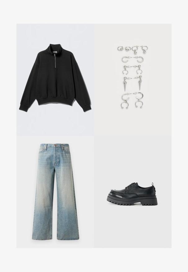 Black sweatshirt with a high collar and half zip, featuring dropped shoulders and ribbed hem. Made of soft, textured fabric.; Light blue wide-leg jeans made of denim. Features a high waist, button closure, and subtle fading with a smooth texture and stitched seams.; Black chunky leather lace-up shoe with thick rugged sole and metal eyelets on toe area, photographed against a plain light background.; Set of silver earrings featuring various designs: hoops, studs, and dangling styles, with ball accents and pointed elements.