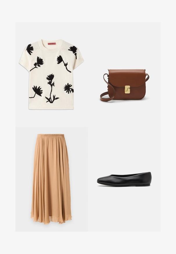 Pull crème à manches courtes avec broderies florales noires. Encolure ronde et ourlet côtelé. Texture douce avec une coupe décontractée.; Jupe maxi en beige clair, en tissu fluide. Dotée d'une taille élastique froncée et de plis doux pour plus de mouvement.; Paul Smith TOPANGA - Ballerines - black; Sac à main en cuir marron avec une fermeture à rabat, des accents en métal doré, une bandoulière et une texture lisse. Forme rectangulaire compacte.